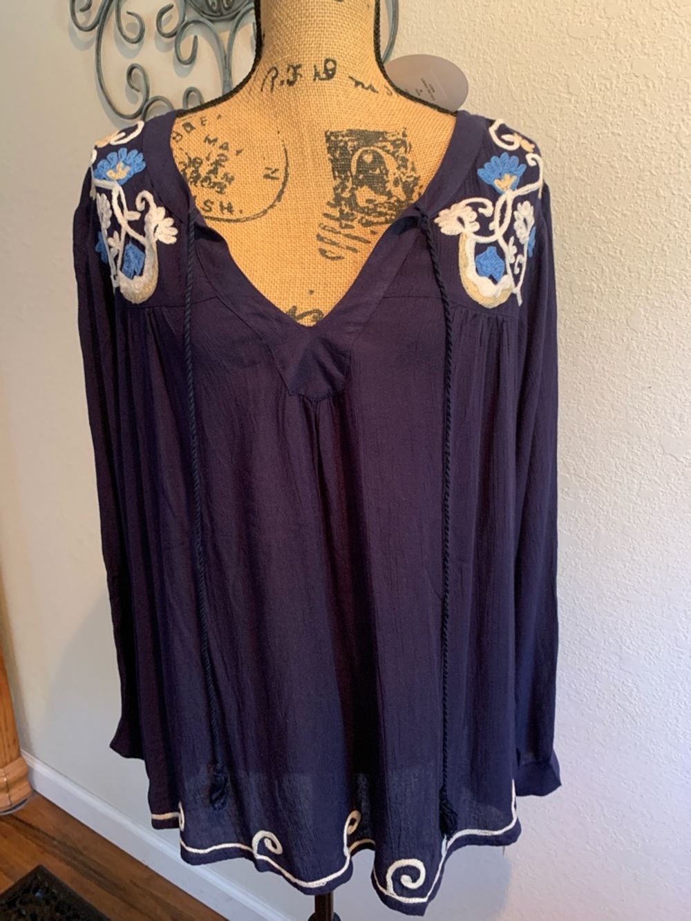 Fashion Magazine Navy Peasant Tunic with White & Blue Embroidery